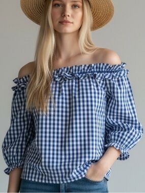 Neiman Marcus Blue Checkered Off-Shoulder Blouse